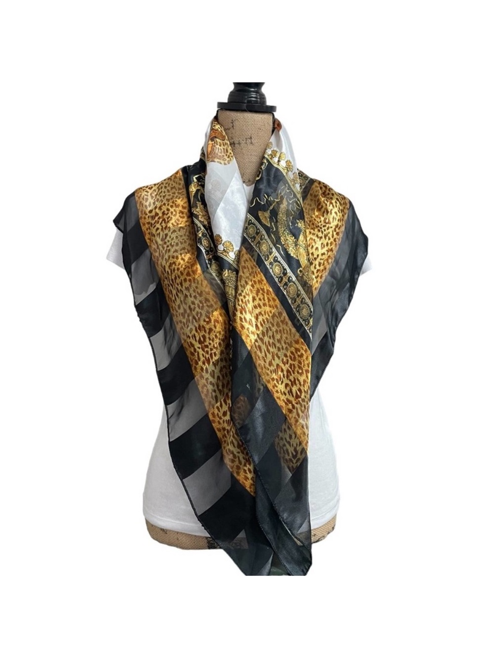 Vintage 80s/90s Versace Style Leopard Wild Cat Scarf Baroque Gold Black Square - Picture 3 of 4